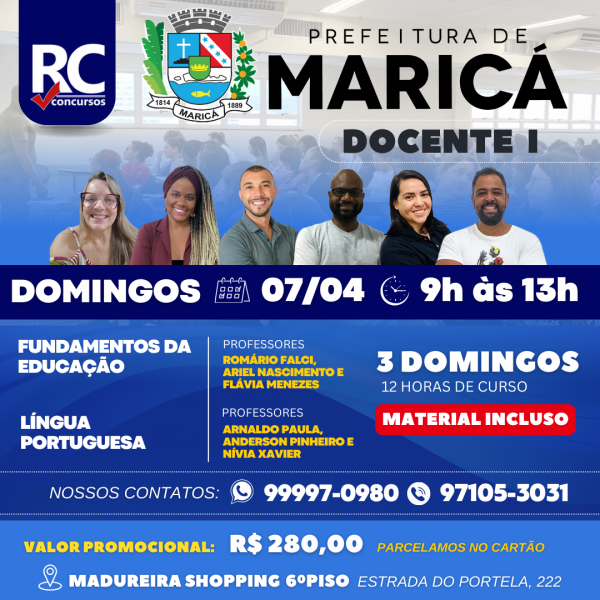 MARICÁ - DOCENTE I (DOMINGOS)  - UNIDADE MADUREIRA - PRESENCIAL