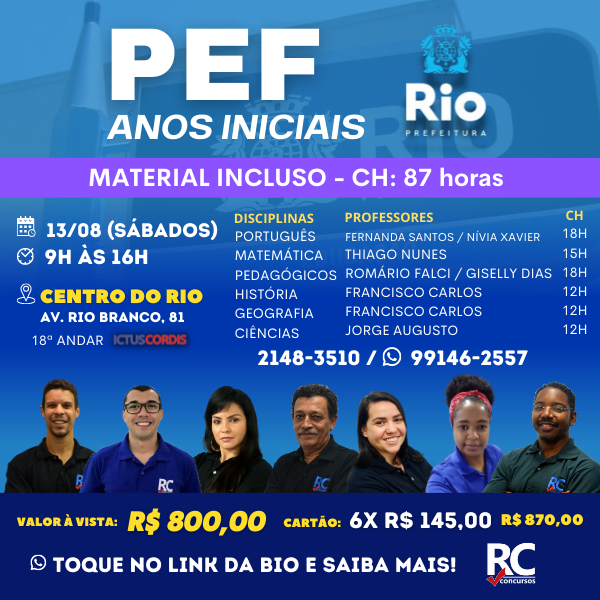 PEF - ANOS INICIAIS | CENTRO DO RIO (SÁBADO)  - Professor de Ensino Fundamental